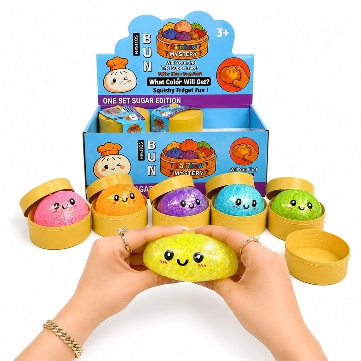 Jucarie Antistres Squishy Dumpling gélgolyókkal és csillámmal 8,5 cm – Szivárványos meglepetés, kézben szorítható, rugalmas és bársonyos textúra, lassú visszatérés, Fidget modell relaxációhoz +3 év