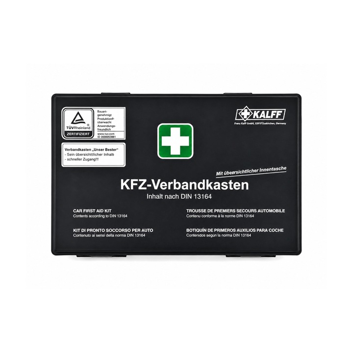 Trusa medicala auto de prim ajutor cutie plastic neagra KALFF DIN 13164 fabricata in Germania