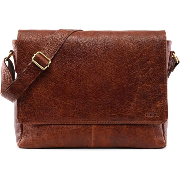 Geanta de Umar din Piele Naturala Premium Oxford, LeaBags – Eleganta Business, Compartiment Laptop 15”, Design Clasic Atemporal, 7.4L, 38 × 31 × 10 cm, Maro Inchis