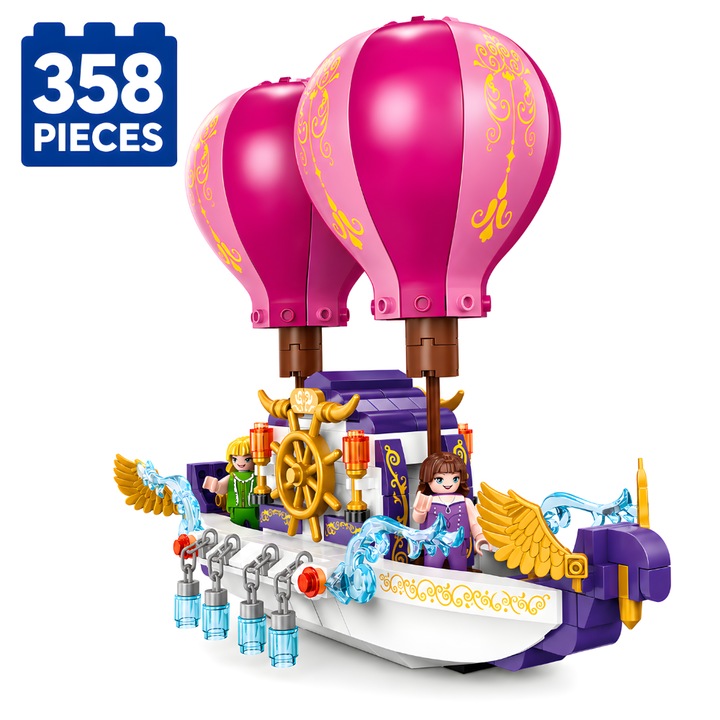 Set de Constructie cu Piese Tip Blocuri Constructie 358 Piese MiniBric® Balloon Ship, Colectia Fairytale Dream, Nava, Balon, Figurine, Pentru Fete, 3294- DS, Cadou Ideal Pentru Fetite Pasionate de Jucarii de Constructie