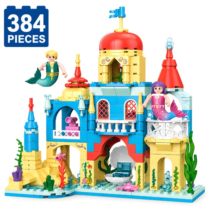 Set de Constructie cu Piese Tip Blocuri Constructie 384 Piese MiniBric® Secret Pearl Castle, Colectia Fairytale Dream, Sirene, Coral, Castel, Pentru Fete, 2014- DS, Cadou Ideal Pentru Fetite Pasionate de Jucarii de Constructie