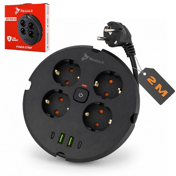 REAGLE Dobos Hosszabbító, 2500W, 4 Schuko Aljzat, 2x USB-C, 2x USB-A, Behúzható Kábel 2m, Réz, LED Világítású Kapcsoló, Túlfeszültség, Túlterhelés és Túlmelegedés Elleni Védelem, Lángálló Anyag, Földelés, Gyermekvédelem, Fekete