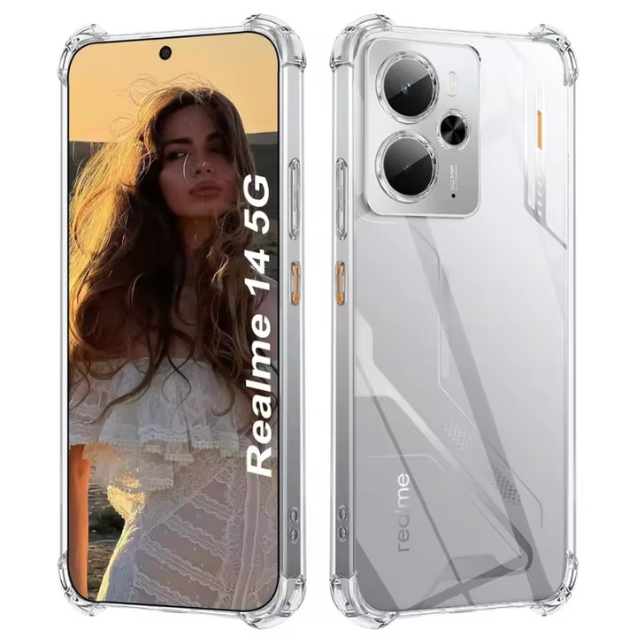 Husa protectie Mat-Tech compatibila cu Realme 14 5G, Protectie Camera, Margini ridicare Ecran, Colturi anti-soc, Rezistenta la impact, Transparenta