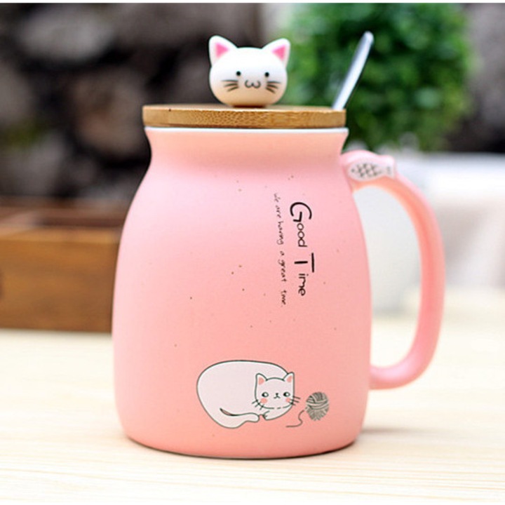 Kerámia bögre tetővel és kanállal, macska design, 450ml, fehér