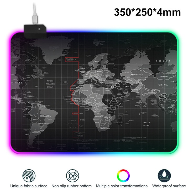 Egérpad gaming RGB LED, sima vízálló felület, csúszásgátló gumitalp, 14 világítási mód, 5mm vastagság