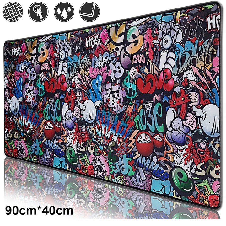 Mousepad gaming, model doodle, rezistent apa, antiderapant, 90x40cm