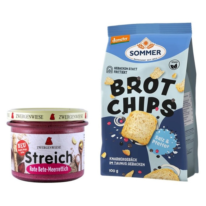 Bio Aperitiv Csomag – Vörös Céklakrém Tormával és Kenyérchips-szel
