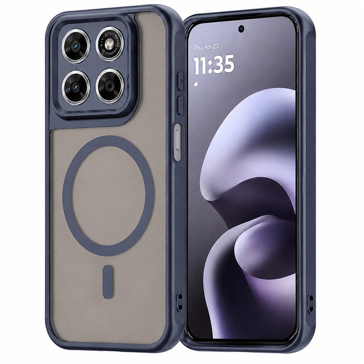 Калъф за Motorola Moto G87 / G77 / G67 със защита за обектива и MagFit EasyCharge, Ghost Series против пожълтяване, матиран - тъмносин