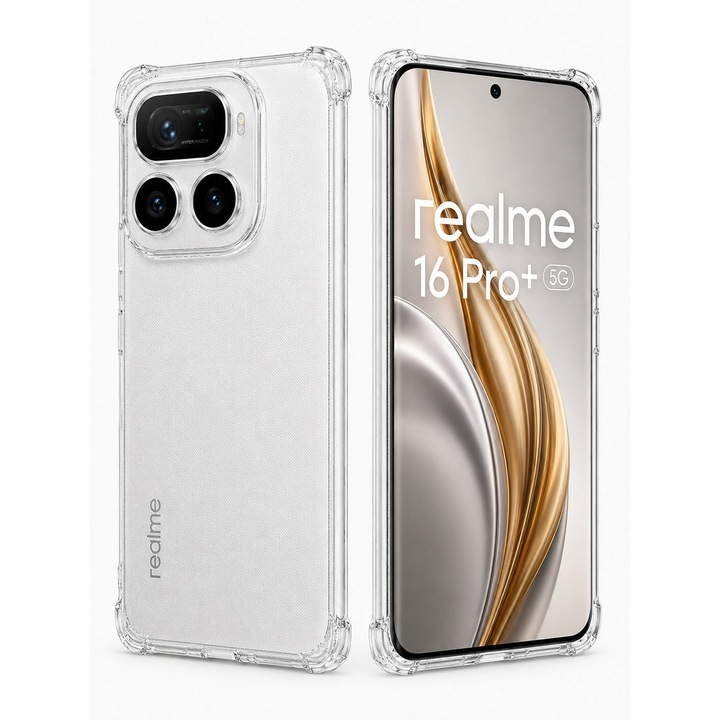 Калъф за защита Mat-Tech, съвместим с Realme 16 Pro Plus 5G, Защита на камерата, Повдигнати ръбове за екрана, Противоударни ъгли, Устойчивост на удар, Прозрачен