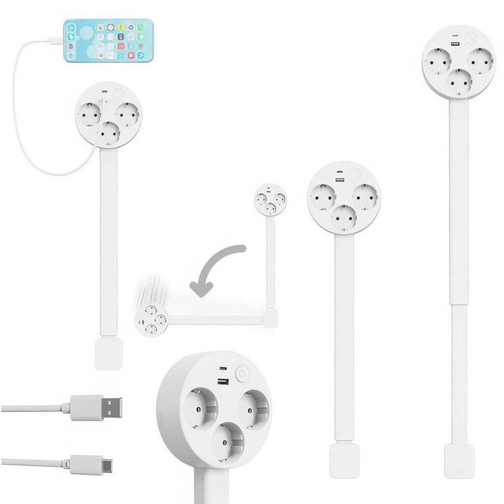 Hosszabbító 3 aljzattal USB-C és USB-A csatlakozóval, visszahúzható, fehér, 47x67cm