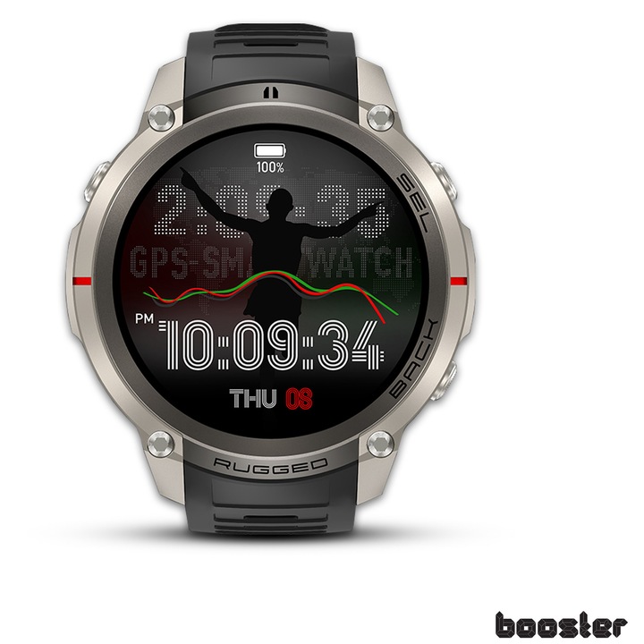 Smartwatch Booster Military M4, GPS több műholdas és offline térképek, AMOLED 1.43” 466x466, 170+ sportmód, HRV és pulzus 24/7, vízállóság 5 ATM, iránytű, barométer, magasságmérő, Bluetooth 5.3, 500 mAh akkumulátor, Android/iOS