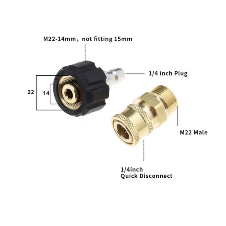 Комплект от 2 адаптера за маркуч за водоструйка M22 14mm към 1/4 инча, бързи връзки