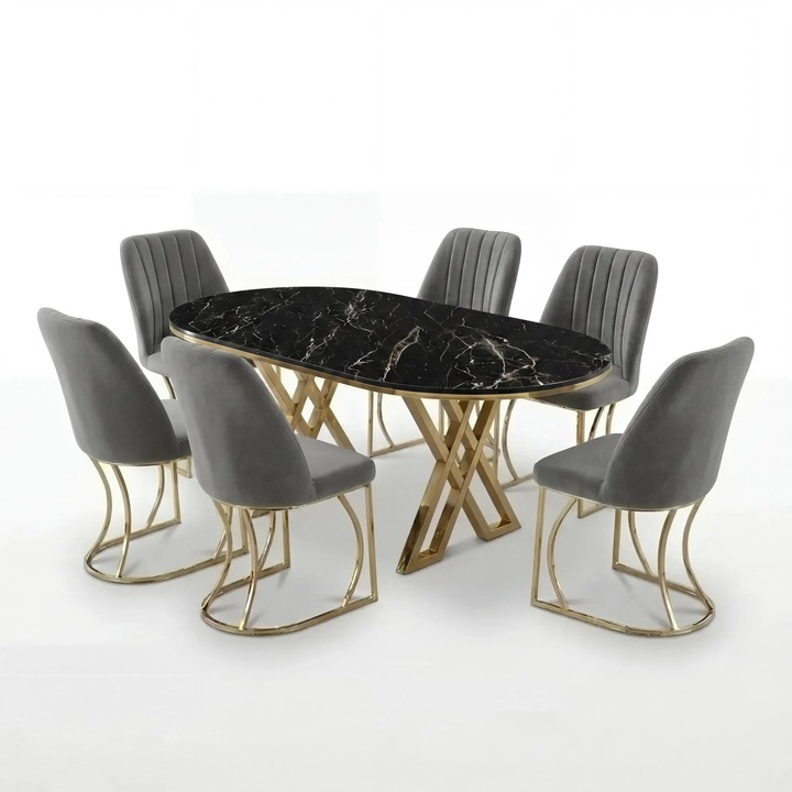 Set Masa si 6 Scaune Monza, Stil Elegant, Detalii Aurii, 85x160 cm, Blat Marmorat Negru, Gray