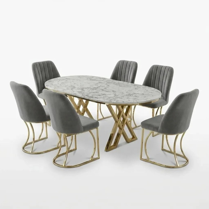 Set Masa si 6 Scaune Monza, Stil Elegant, Detalii Aurii, 85x160 cm, Blat Marmorat Alba, Gri