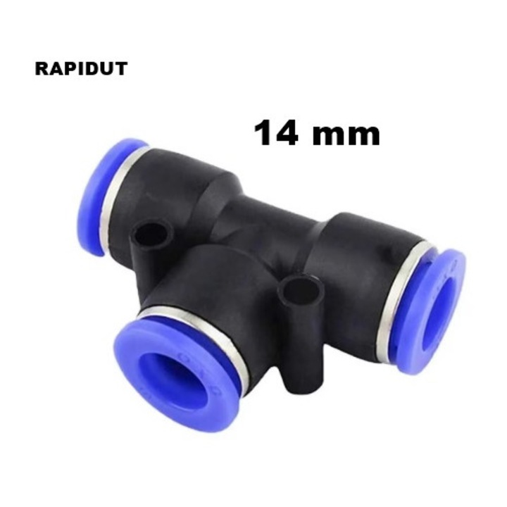 Cuplaj / conector rapid pneumatic, RAPIDUT, Mufa rapida T 14 mm, Plastic, Negru/Albastru