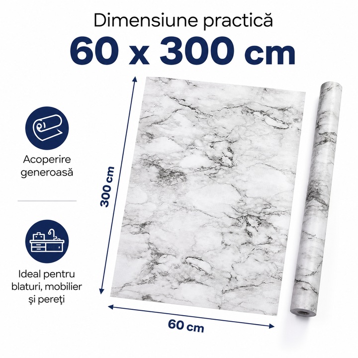 Fabrilux® öntapadós PVC tapéta, fehér márvány, 60 x 300 cm, víz- és kopásálló, vastag és tartós, falra, bútorra, konyhába és fürdőszobába