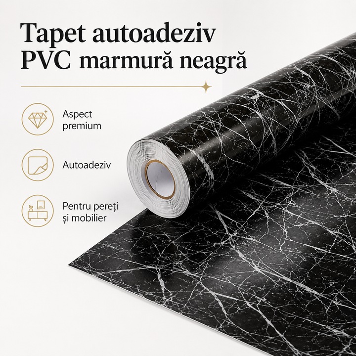 Fabrilux® Öntapadós PVC Tapéta, Fekete Márvány, 60 x 300 cm, Víz- és Kopásálló, Vastag és Tartós, Falra, Bútorra, Konyhába és Fürdőszobába