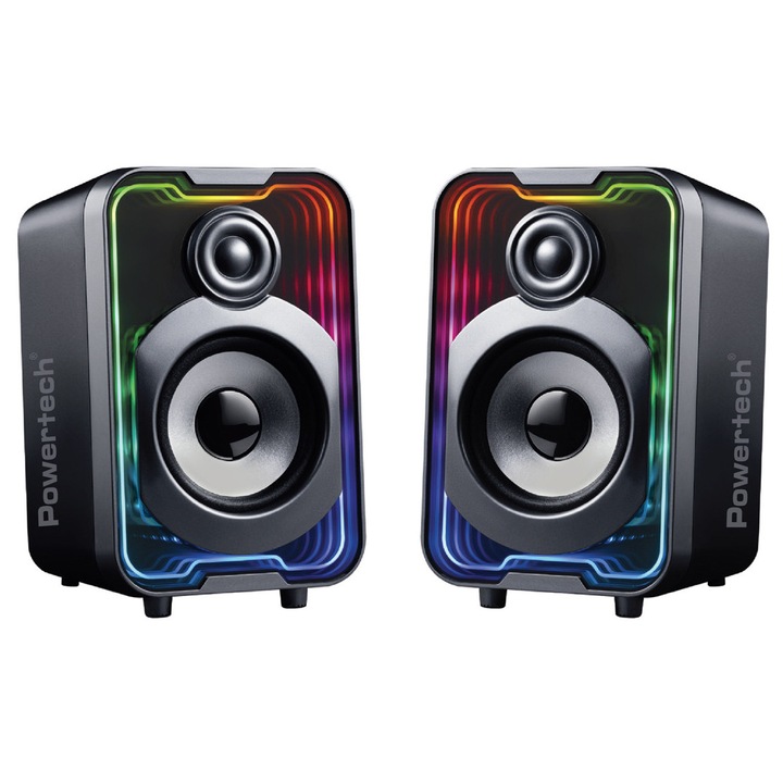 Компютърни тонколони Powertech PT-1575 RGB Bluetooth USB черни 9x10x14см
