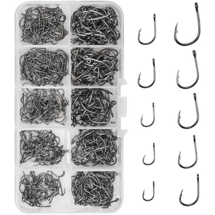 Set 500 carlige pescuit carbon, barbate, diverse marimi, 13x6.5x2.2cm
