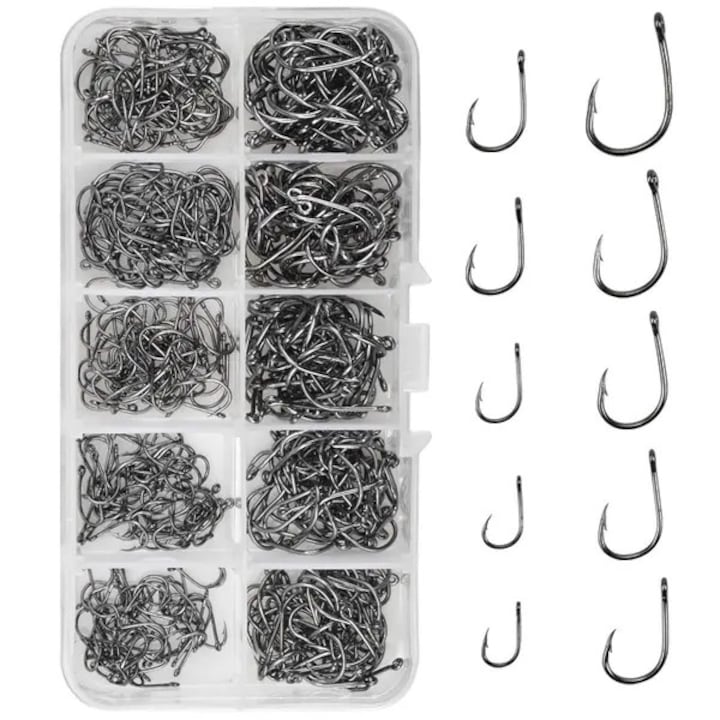 Set 500 carlige pescuit carbon, 10 marimi, cutie compartimentata, 13x6.5x2.2cm