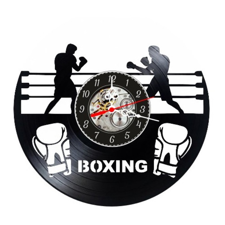 Dekoratív falióra bakelit lemezből, Bokszolók a Ringben és Boxkesztyűk modell, Boxing felirat, Fekete, 30 cm