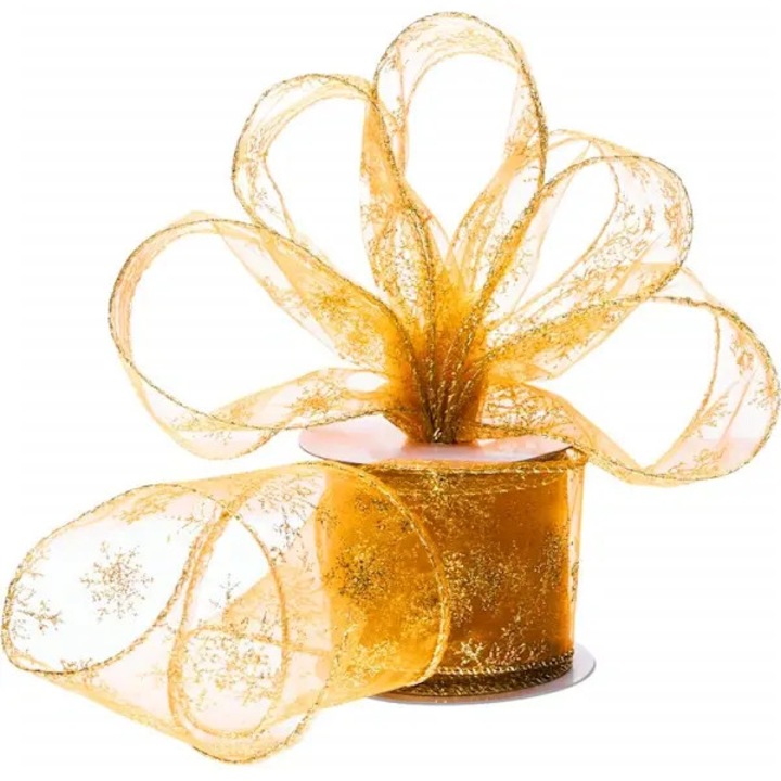 Arany organza szalag, 10m x 6.3cm, hópelyhek, flitterek, átlátszó