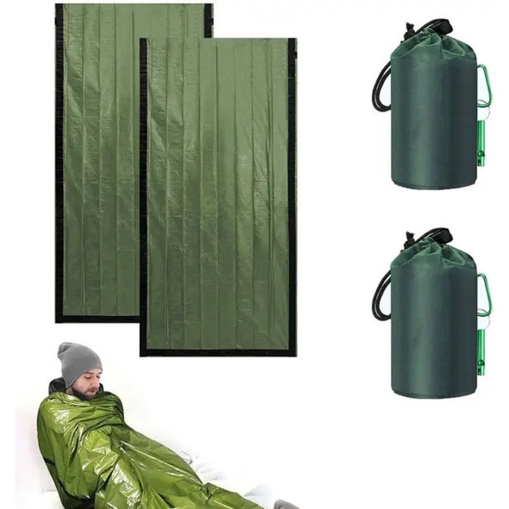 2 db sürgősségi hálózsák szett, vízálló, meleg, 210x90cm, síppal és karabinerrel