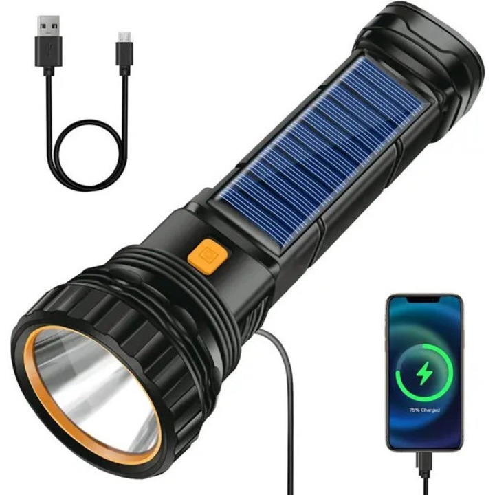 Újratölthető napelemes lámpa 1200mAh, USB, multifunkcionális, fekete