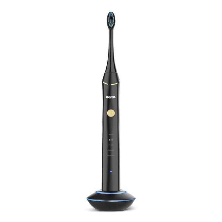Електрическа звукова четка за зъби NENO Oriona Black, с 31 000 вибрации/минута, 5 режима на почистване, интелигентен 2-минутен таймер, индуктивно зареждане, водоустойчивост IPX7, с включен калъф за пътуване, за възрастни