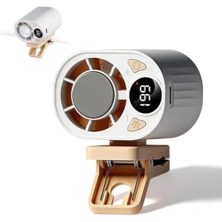 Ventilátor autós csipesz USB újratölthető, állítható 199 sebesség, lapát nélküli, 360°-ban forgatható, fehér, kompakt