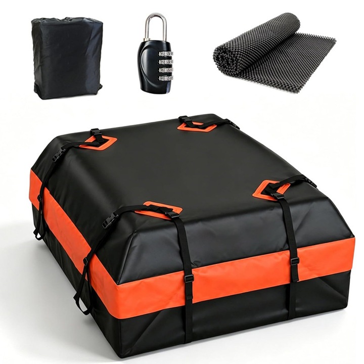 Portbagaj Auto Plafon, Omelivon, Portbagaj de Acoperis Tip Geanta, Cu Benzi Reflectorizante de Siguranta, Impermeabil, Pliabil, Incuietoare Pentru Bagaje, Portabil, Pentru Orice Dimensiune de Masina Sau SUV, 112 x 86.5 x 43cm, PVC, Negru/Portocaliu