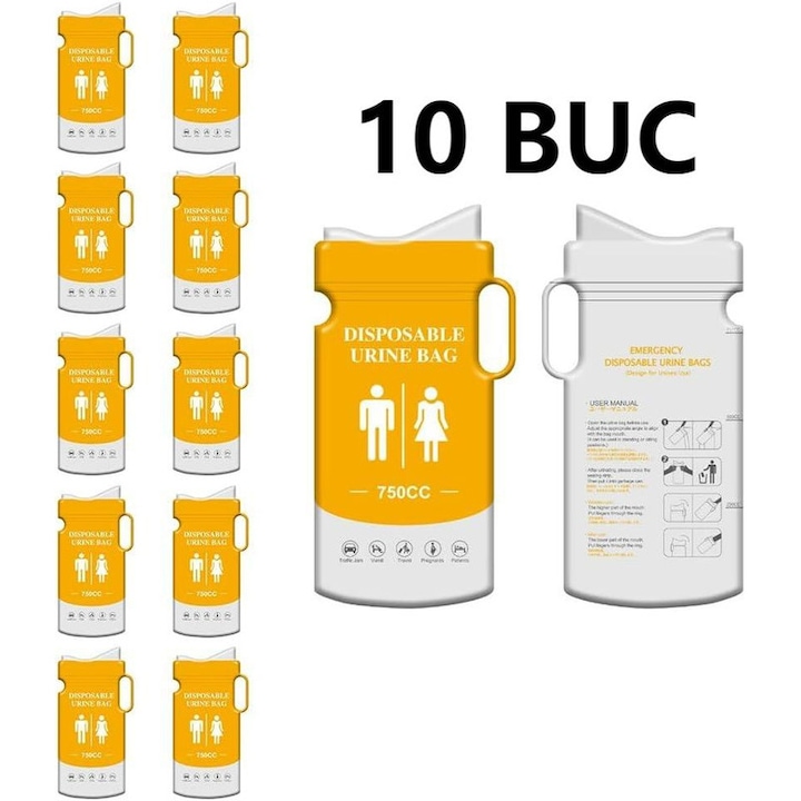 Комплект от 10 унисекс торбички за урина, 750ml, жълти, 25x13cm, за еднократна употреба