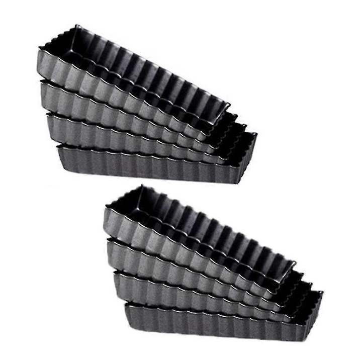 8 db téglalap alakú tortaforma készlet, rozsdamentes acél, kivehető alj, 11.2x6x1.8cm, ezüst