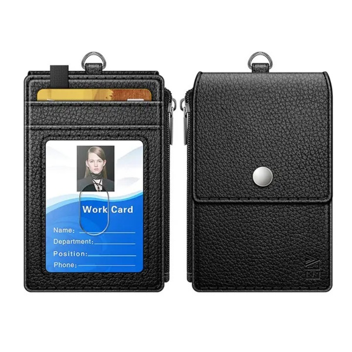 Suport documente cu fermoar si snur, negru, 15.5x10cm