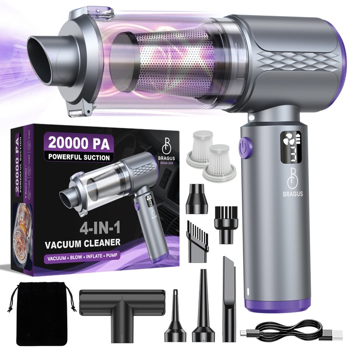 Mini Aspirator Auto Portabil, 20000 PA, Baterie 6000mAh, 130W, 110000RPM, Autonomie pana la 42min, Lumina LED, Aspirare, Suflare, Vacuum, 3 Viteze, 7 Accesorii, 2 Filtre HEPA, Indicator Nivel Baterie si Viteza, Curatare Usoara, Pentru Masina si Casa, gri
