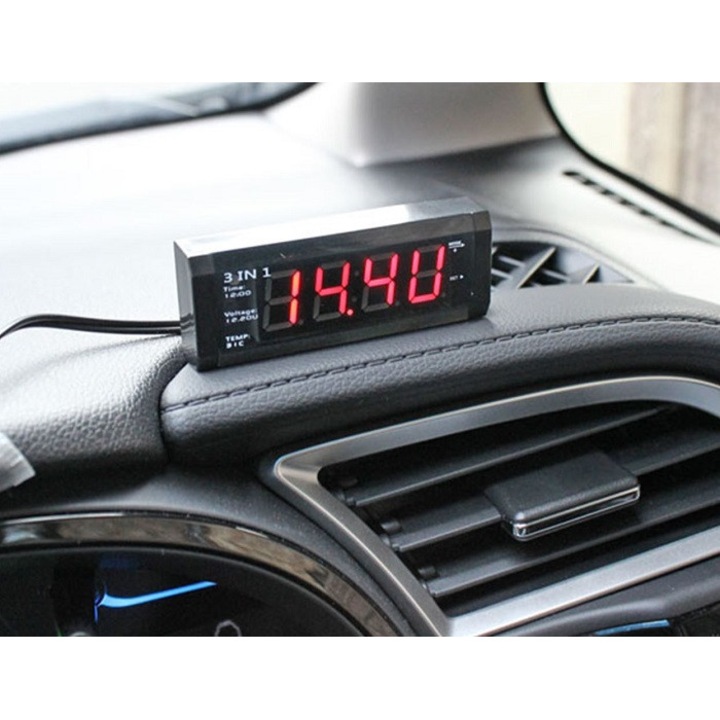 Автомобилен цифров часовник Tradesor 3 в 1, LED, 8x3см, черен