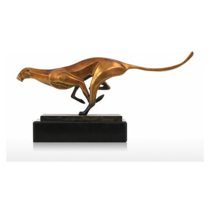 Leopárd szobor bronzból, modern művészet, márvány talp, 37.8x18cm