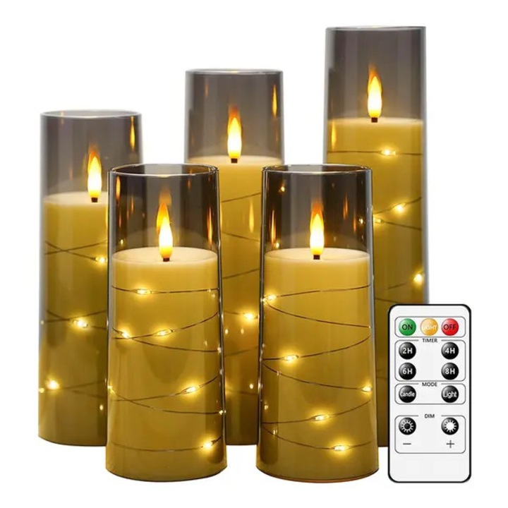 Set 5 lumanari LED albe cu telecomanda, 5,5x14-20cm, acril si parafina