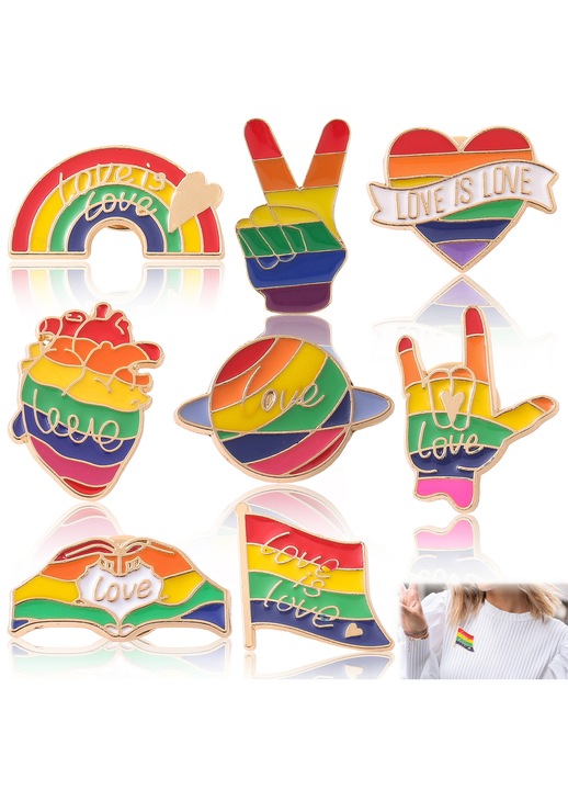 Set de 8 insigne emailate din aliaj metalic, tema Pride curcubeu, margine aurie, multicolor