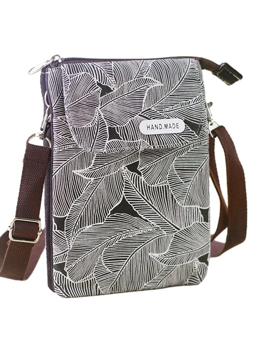 Női crossbody táska, vászon, kicsi, többzsebes, fekete, 19x14x1.5cm