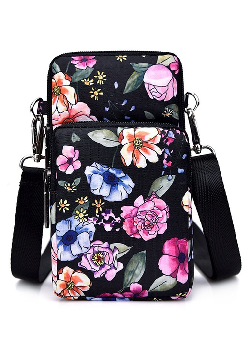 Kisméretű crossbody telefontáska nőknek, 3 rétegű nylon válltáska, cipzáras, sportos pénztárca típusú okostelefon karszalaggal, fekete