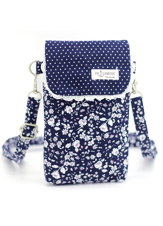 Pamut crossbody táska, virágmintás, 20x13x2cm, kék