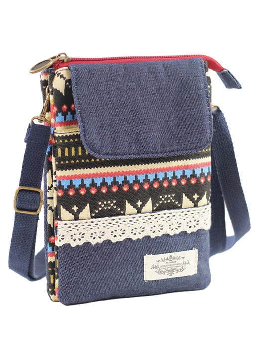 Női crossbody táska, vászon, kicsi, többzsebes, fekete, állítható 19x14x2cm