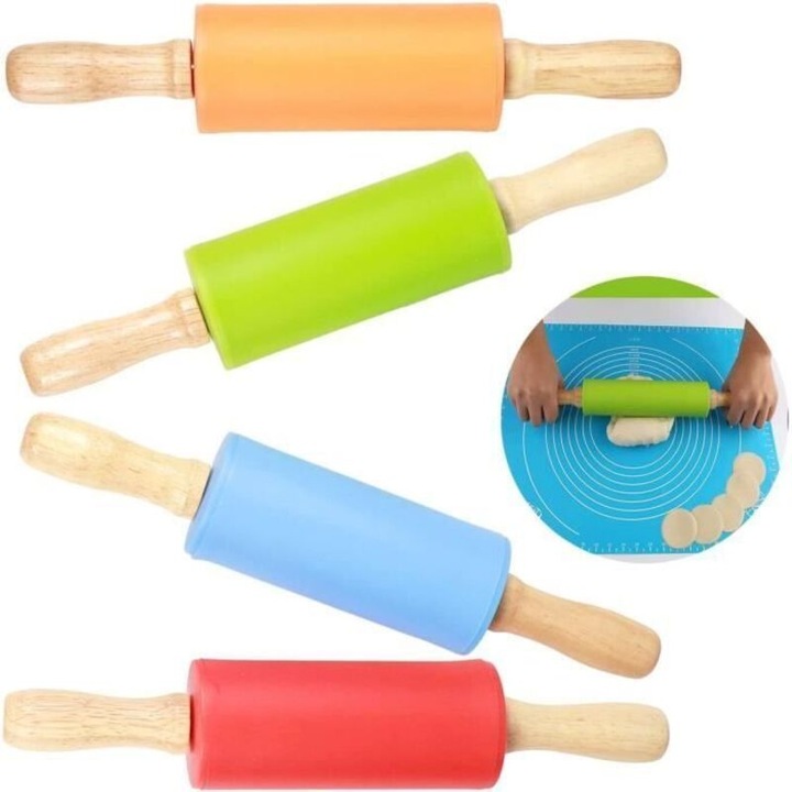 Többszínű szilikon és fa sodrófa 22.5x4.5cm ergonomikus csúszásmentes
