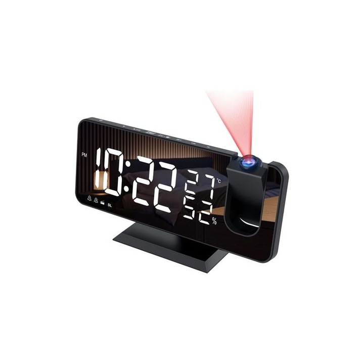 Ceas cu alarma si radio FM, proiectie rotativa, afisaj LED multifunctional, rosu, 18.5x9.1cm