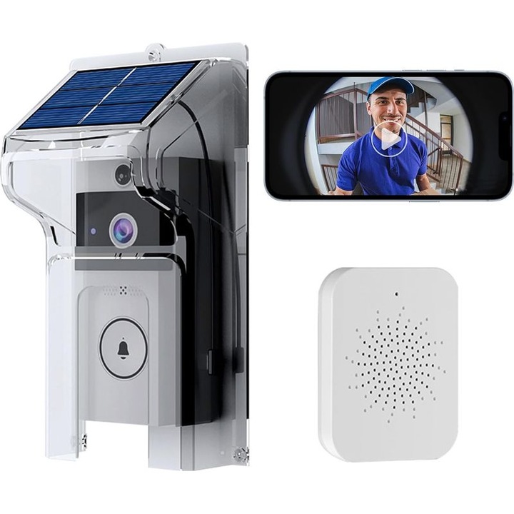 Sonerie electrica solara, video interfon, vizionare noapte zi, montaj fara gaurire