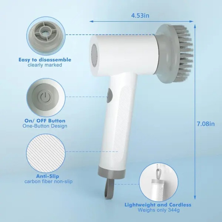 Perie electrica de curatare k0544-260905-1353, fara fir, reincarcabila USB, 1200mAh, 2 viteze, 3 capete interschimbabile, IPX5, alb/gri, 344 g