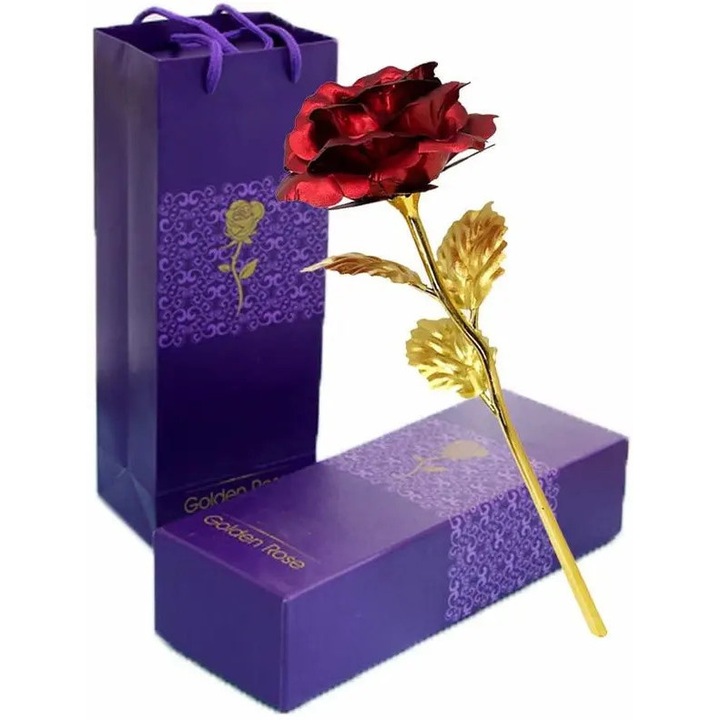 Trandafir artificial rosu auriu 27x10x7cm set cadou