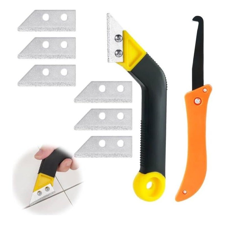 Set racleta pentru chituit placi, lame diamantate, 5 piese, galben-negru, 15x5cm