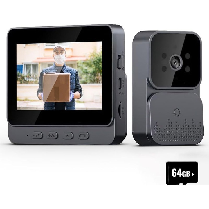 Sonerie video wireless cu ecran IPS 4.3 inch, vizionare nocturna, comunicare bidirectionala, alb